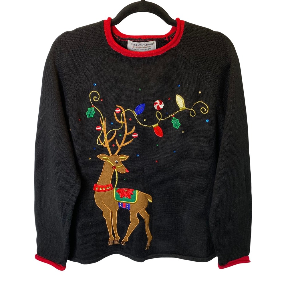 Tiara International Sweater Women XL Black Reindeer Retro Ugly Christmas Sweater